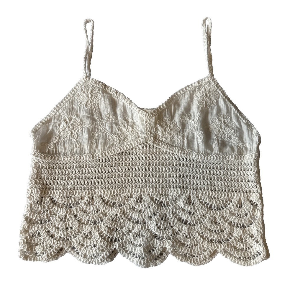 Boho Sheer Crochet Lace White Crop Top XS Sexy Delicate Beach Romantic Festival